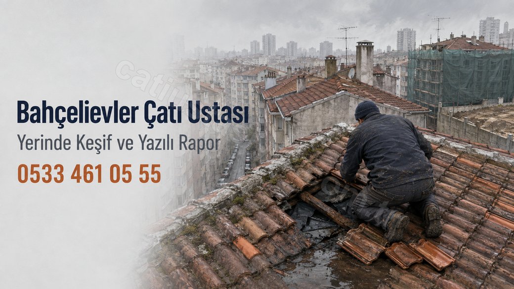 Bahçelievler'de kiremitleri kaldırıp altlığa bakan çatı ustası, afiş düzeninde başlık ve telefon
