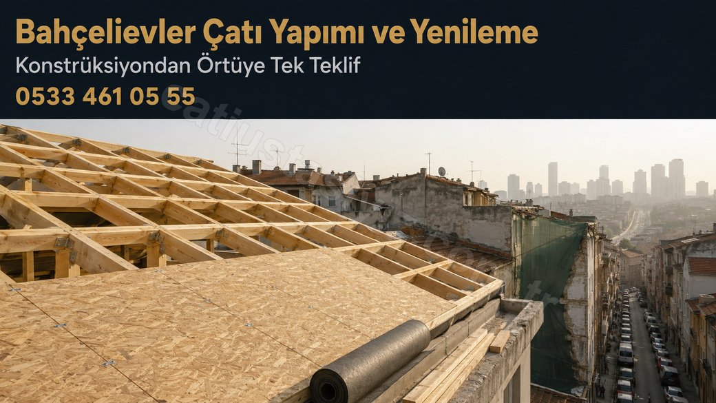 Bahçelievler'de yeni kurulan ahşap çatı karkası ve üzerine serilmeye başlanan OSB levhaları