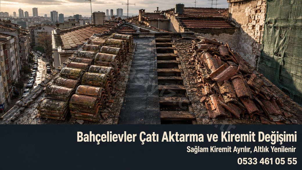 Bahçelievler'de aktarma sırasında ayrılmış sağlam ve kırık kiremit istifleri, açılmış altlık ve mertekler
