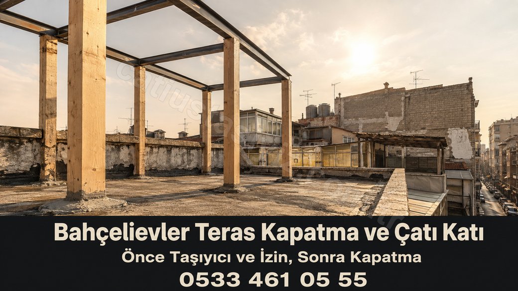 Bahçelievler'de teras üstüne kurulan hafif konstrüksiyon iskeleti ve komşu çatılardaki kapatılmış teraslar