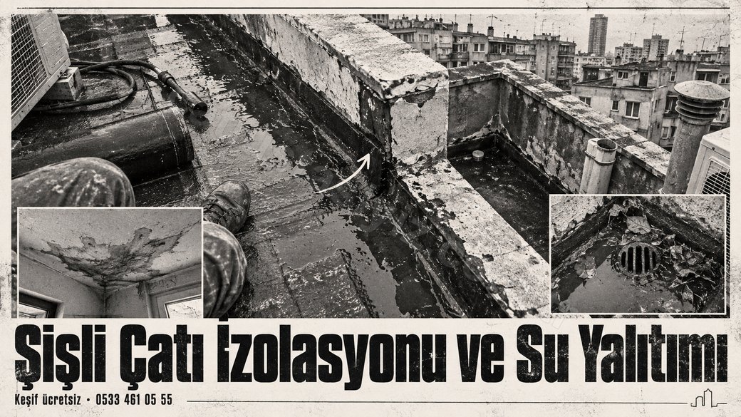 Şişli'de iki komşu terasın parapet hattı, tepeden bakış, yalıtım afişi