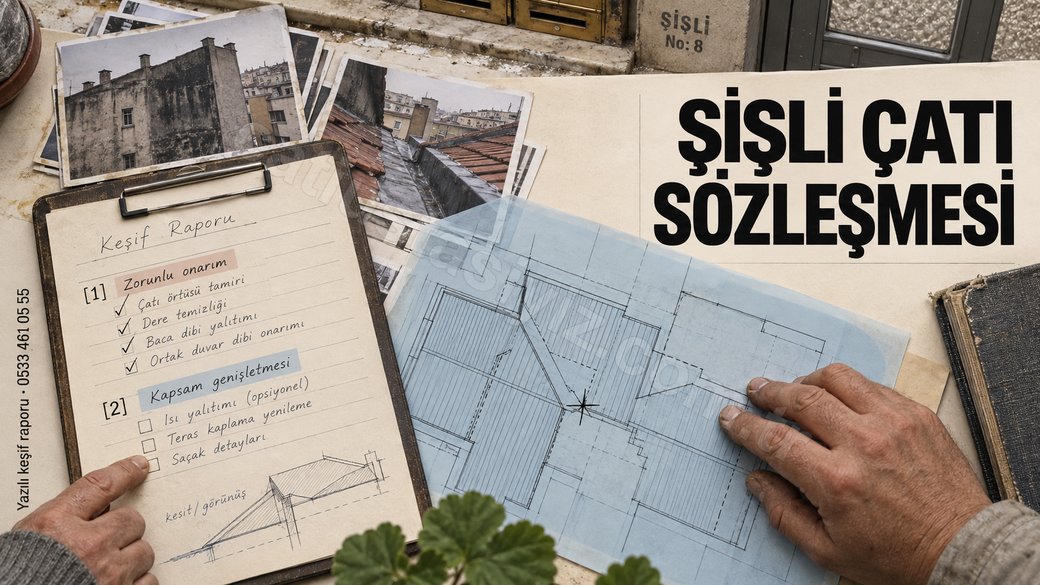 Şişli'de apartman yönetim masasında yazılı keşif raporu ve çatı sözleşmesi afişi