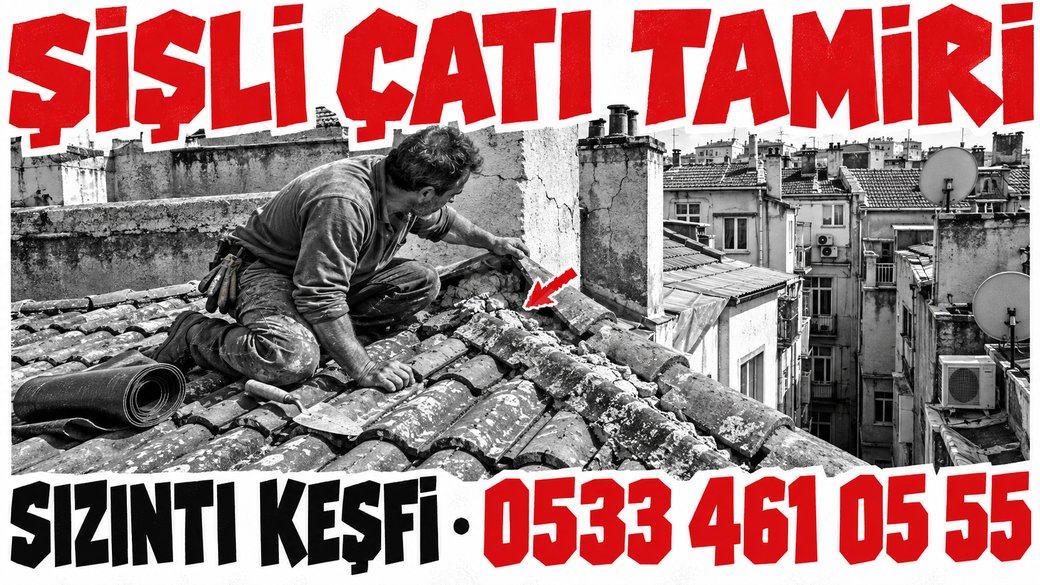Şişli'de bitişik nizam çatıda mahya harcını gösteren usta, kırmızı başlıklı tamir afişi