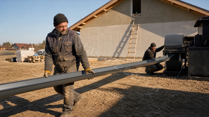 Şantiyede büküm makinesinden tek parça çıkan eksiz oluğu boyunca alan iki usta