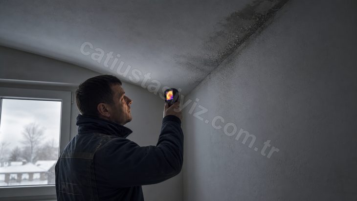 Termal kamerayla tavan-duvar birleşimini tarayan teknisyen, köşede yoğuşma nemi görünüyor