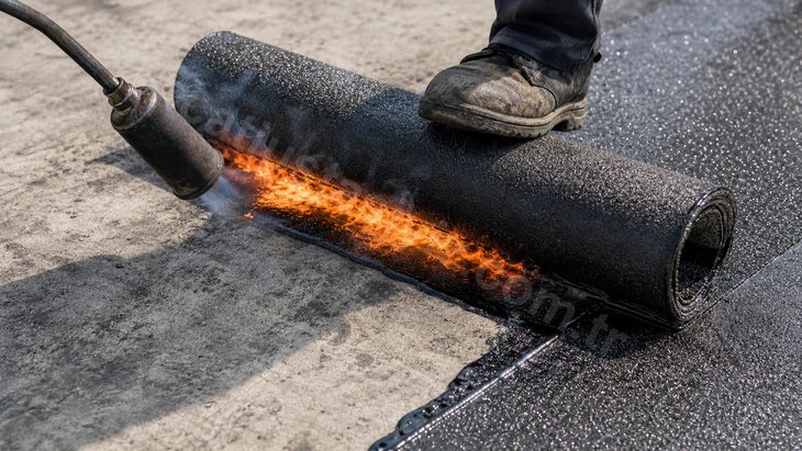 Şalümo alevi altında bitümlü membran rulosu beton yüzeye kaynatılıyor, bindirme kenarı eriyor