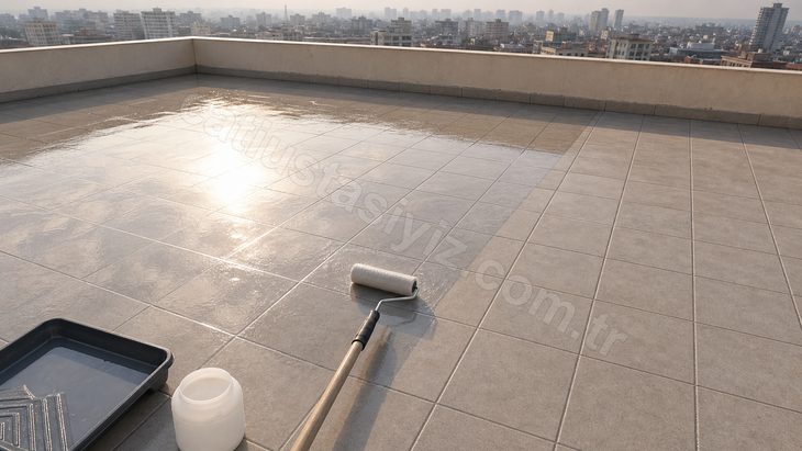 Teras seramiğine rulo ile şeffaf kaplama sürülüyor, ıslak ve kuru yüzey arasında sınır oluşuyor