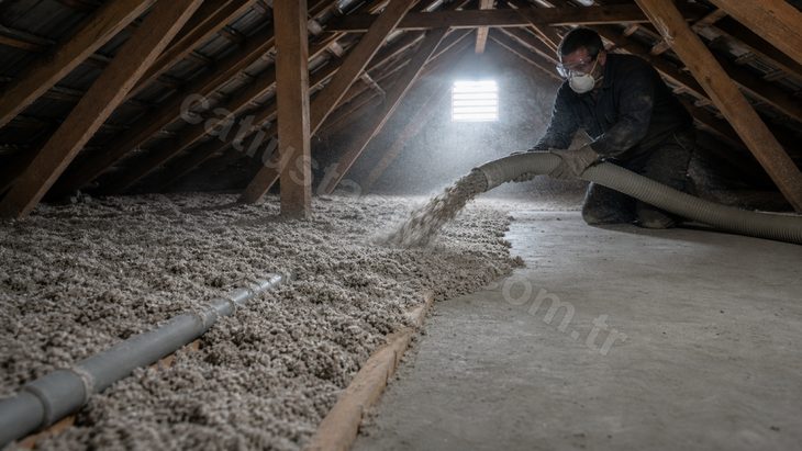 Çatı arası döşemesine hortumla üflenen selüloz yalıtım, kiriş aralarını doldurarak yayılıyor
