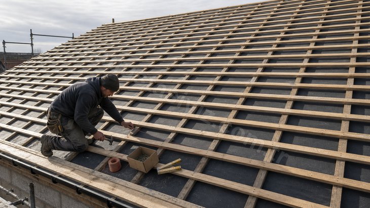 Kiremit döşenmeden önce çatıda kurulmuş lata ızgarası ve çırpı ipini geren usta