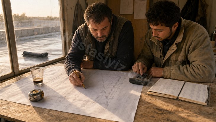 Şantiye barakasında çatı planı, hesap makinesi ve not defteriyle metrekare maliyeti çıkaran iki kişi