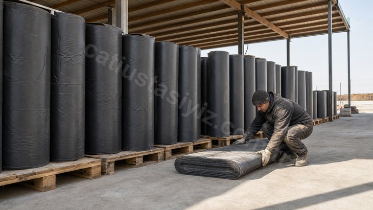 Sundurma altında dik istiflenmiş rulolar ve yatık kalmış ruloyu kaldıran usta