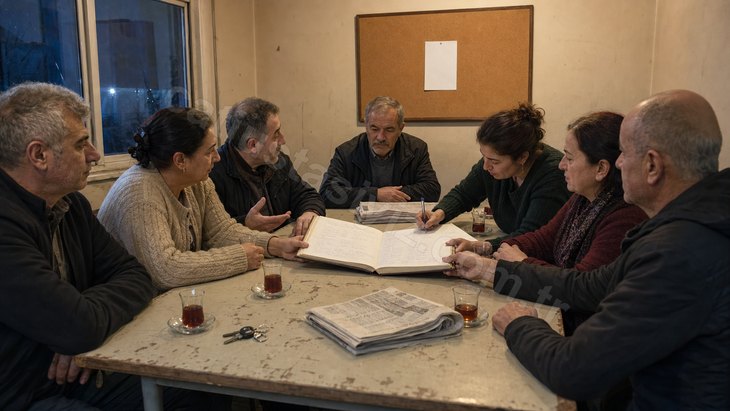 Apartman toplantısında karar defterini imzalamak için eğilen kat malikleri